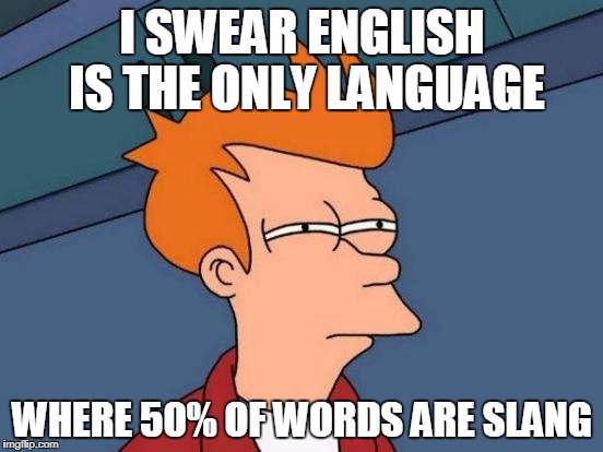 In It, Fo Real Dat Bruv | I SWEAR ENGLISH IS THE ONLY LANGUAGE; WHERE 50% OF WORDS ARE SLANG | image tagged in memes,futurama fry,funny,slang terms,british,english | made w/ Imgflip meme maker