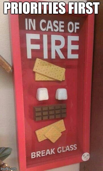 Emergency smores | PRIORITIES FIRST | image tagged in emergency smores | made w/ Imgflip meme maker