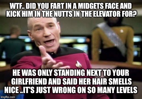 True story | WTF.. DID YOU FART IN A MIDGETS FACE AND KICK HIM IN THE NUTTS IN THE ELEVATOR FOR? HE WAS ONLY STANDING NEXT TO YOUR GIRLFRIEND AND SAID HER HAIR SMELLS NICE ..IT'S JUST WRONG ON SO MANY LEVELS | image tagged in memes,picard wtf,funny memes,latest,bad pun picard,bad joke | made w/ Imgflip meme maker