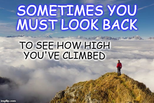 Greater heights  | SOMETIMES YOU MUST LOOK BACK; TO SEE HOW HIGH YOU'VE CLIMBED | image tagged in goals,look back,life,nature,mountain,mountain climbing | made w/ Imgflip meme maker
