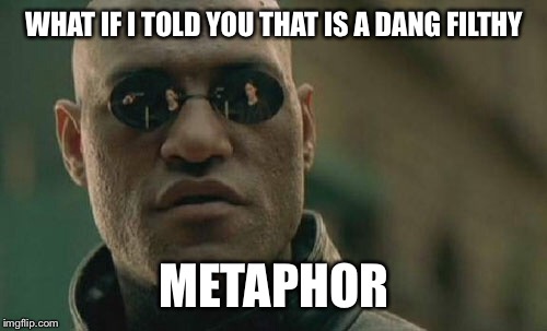 Matrix Morpheus Meme | WHAT IF I TOLD YOU THAT IS A DANG FILTHY METAPHOR | image tagged in memes,matrix morpheus | made w/ Imgflip meme maker