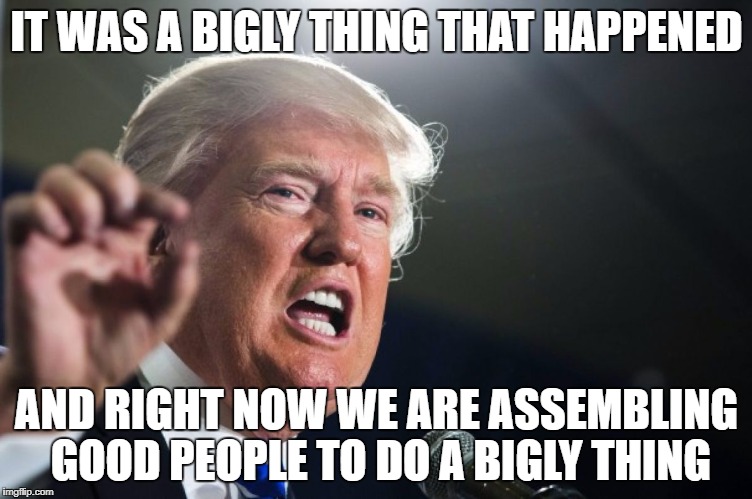 donald trump | IT WAS A BIGLY THING THAT HAPPENED; AND RIGHT NOW WE ARE ASSEMBLING GOOD PEOPLE TO DO A BIGLY THING | image tagged in donald trump | made w/ Imgflip meme maker