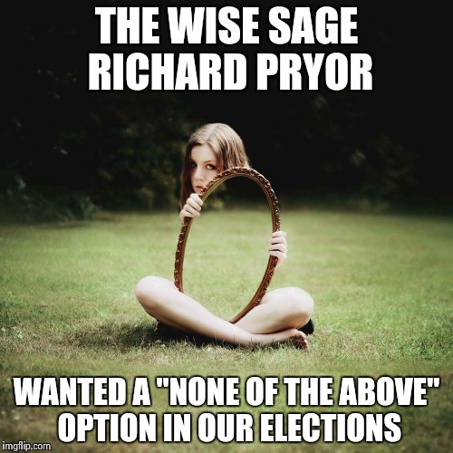 THE WISE SAGE RICHARD PRYOR WANTED A "NONE OF THE ABOVE" OPTION IN OUR ELECTIONS | image tagged in mirror girl | made w/ Imgflip meme maker