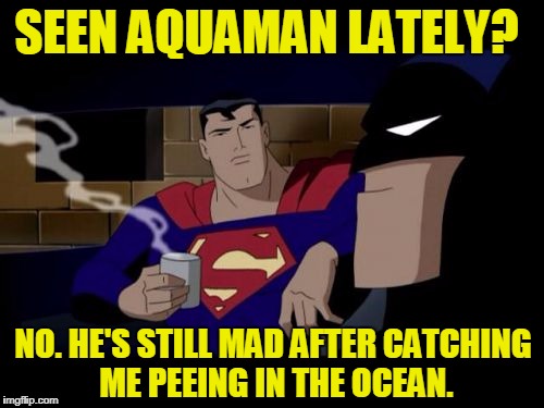 Batman And Superman |  SEEN AQUAMAN LATELY? NO. HE'S STILL MAD AFTER CATCHING ME PEEING IN THE OCEAN. | image tagged in memes,batman and superman | made w/ Imgflip meme maker