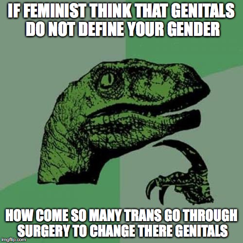 Philosoraptor |  IF FEMINIST THINK THAT GENITALS DO NOT DEFINE YOUR GENDER; HOW COME SO MANY TRANS GO THROUGH SURGERY TO CHANGE THERE GENITALS | image tagged in memes,philosoraptor | made w/ Imgflip meme maker
