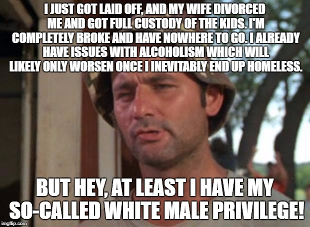 So I Got That Goin For Me Which Is Nice Meme | I JUST GOT LAID OFF, AND MY WIFE DIVORCED ME AND GOT FULL CUSTODY OF THE KIDS. I'M COMPLETELY BROKE AND HAVE NOWHERE TO GO. I ALREADY HAVE ISSUES WITH ALCOHOLISM WHICH WILL LIKELY ONLY WORSEN ONCE I INEVITABLY END UP HOMELESS. BUT HEY, AT LEAST I HAVE MY SO-CALLED WHITE MALE PRIVILEGE! | image tagged in memes,so i got that goin for me which is nice | made w/ Imgflip meme maker