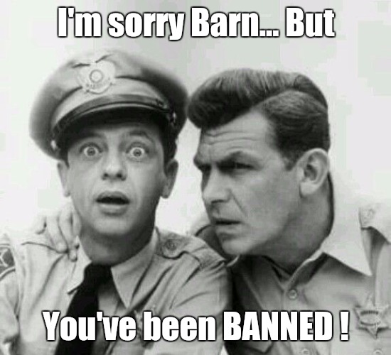 Banned | I'm sorry Barn... But; You've been BANNED ! | image tagged in memes,barney fife,andy griffith,banned,bad news,sorry barney... | made w/ Imgflip meme maker