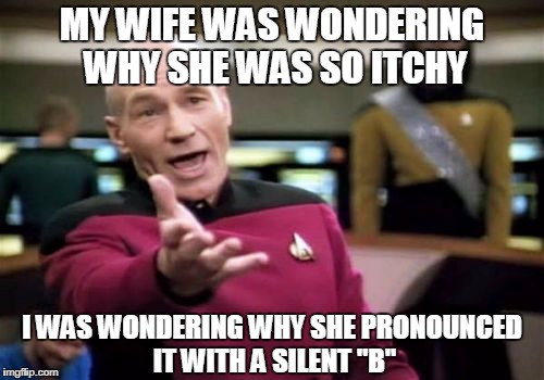 Picard Wtf | MY WIFE WAS WONDERING WHY SHE WAS SO ITCHY; I WAS WONDERING WHY SHE PRONOUNCED IT WITH A SILENT "B" | image tagged in memes,picard wtf | made w/ Imgflip meme maker