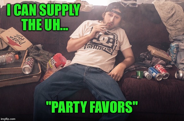 Stoner on couch | I CAN SUPPLY THE UH... "PARTY FAVORS" | image tagged in stoner on couch | made w/ Imgflip meme maker