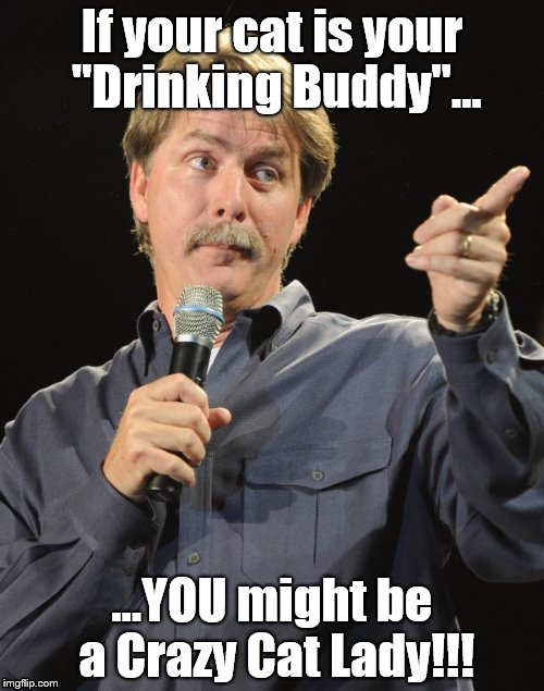 If your cat is your "Drinking Buddy"... ...YOU might be a Crazy Cat Lady!!! | image tagged in jeff foxworthy,cats,drinking | made w/ Imgflip meme maker