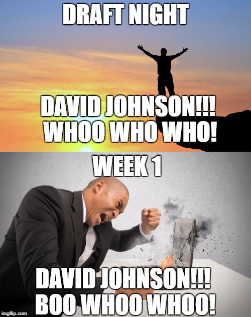 David Johnson hurt week 1 | DRAFT NIGHT; DAVID JOHNSON!!! WHOO WHO WHO! WEEK 1; DAVID JOHNSON!!! BOO WHOO WHOO! | image tagged in fantasy football,nfl memes,funny memes,david johnson,arizona cardinals | made w/ Imgflip meme maker