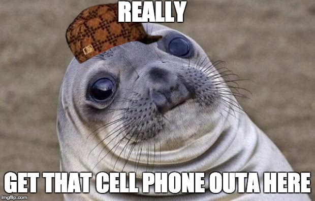 Awkward Moment Sealion | REALLY; GET THAT CELL PHONE OUTA HERE | image tagged in memes,awkward moment sealion,scumbag | made w/ Imgflip meme maker