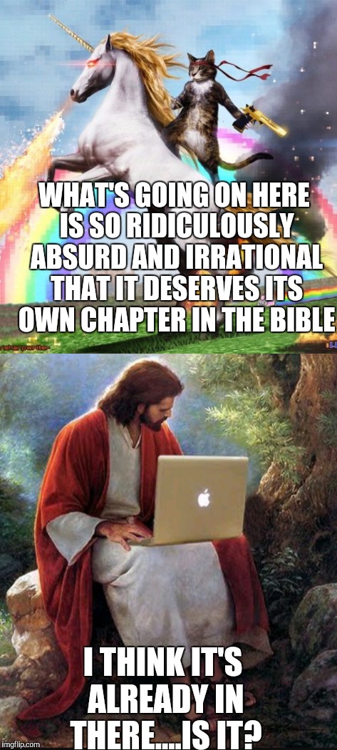 Wacky Blasphemy  | WHAT'S GOING ON HERE IS SO RIDICULOUSLY ABSURD AND IRRATIONAL THAT IT DESERVES ITS OWN CHAPTER IN THE BIBLE; I THINK IT'S ALREADY IN THERE....IS IT? | image tagged in blasphemy,funny memes | made w/ Imgflip meme maker