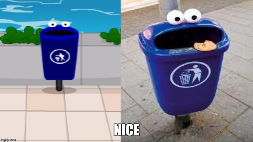 I was playing an escape game and found this | NICE | image tagged in escape game,cookie monster,trash can,cookie monster trash can | made w/ Imgflip meme maker