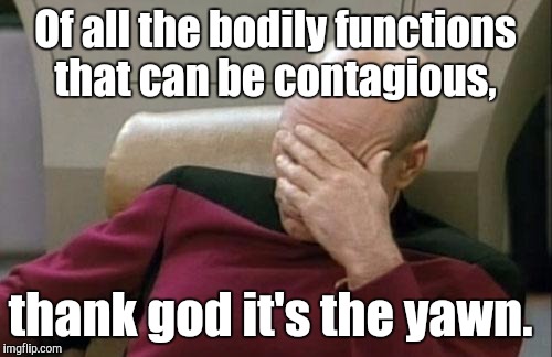 Captain Picard Facepalm Meme | Of all the bodily functions that can be contagious, thank god it's the yawn. | image tagged in memes,captain picard facepalm | made w/ Imgflip meme maker