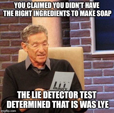 Maury Lie Detector Meme | YOU CLAIMED YOU DIDN'T HAVE THE RIGHT INGREDIENTS TO MAKE SOAP; THE LIE DETECTOR TEST DETERMINED THAT IS WAS LYE | image tagged in memes,maury lie detector | made w/ Imgflip meme maker
