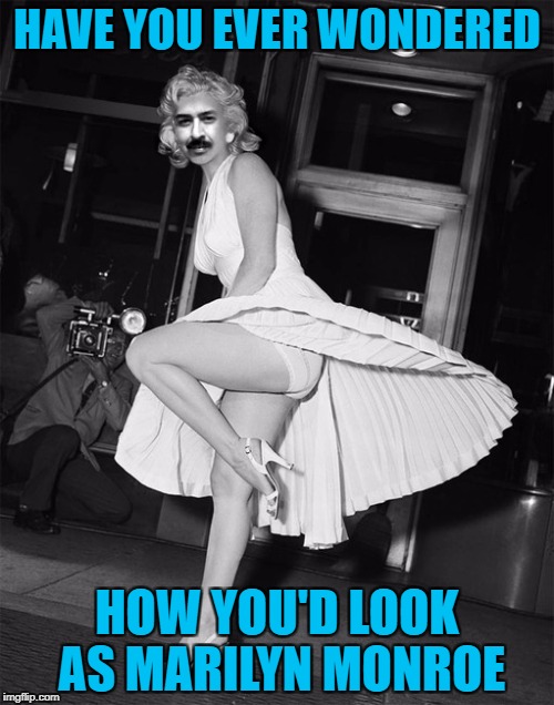Pretty scary huh? | HAVE YOU EVER WONDERED; HOW YOU'D LOOK AS MARILYN MONROE | image tagged in raydog,memes,marilyn monroe,funny,scary,nice legs | made w/ Imgflip meme maker