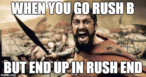 Sparta Leonidas Meme | WHEN YOU GO RUSH B; BUT END UP IN RUSH END | image tagged in memes,sparta leonidas | made w/ Imgflip meme maker