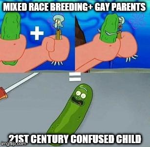 How to make babies | MIXED RACE BREEDING+ GAY PARENTS; 21ST CENTURY CONFUSED CHILD | image tagged in spongebob,rick and morty,pickle rick | made w/ Imgflip meme maker