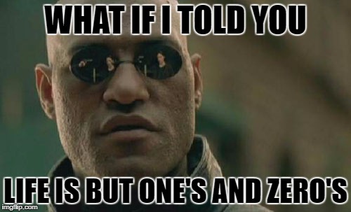 Matrix Morpheus | WHAT IF I TOLD YOU; LIFE IS BUT ONE'S AND ZERO'S | image tagged in memes,matrix morpheus | made w/ Imgflip meme maker