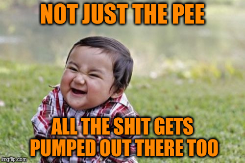 Evil Toddler Meme | NOT JUST THE PEE ALL THE SHIT GETS PUMPED OUT THERE TOO | image tagged in memes,evil toddler | made w/ Imgflip meme maker