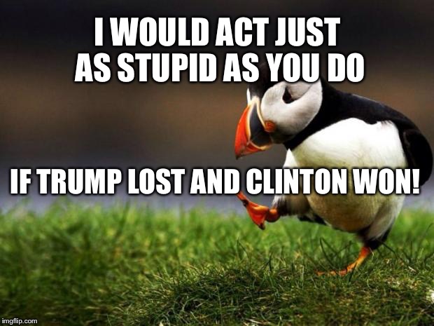 Unpopular Opinion Puffin | I WOULD ACT JUST AS STUPID AS YOU DO; IF TRUMP LOST AND CLINTON WON! | image tagged in memes,unpopular opinion puffin | made w/ Imgflip meme maker