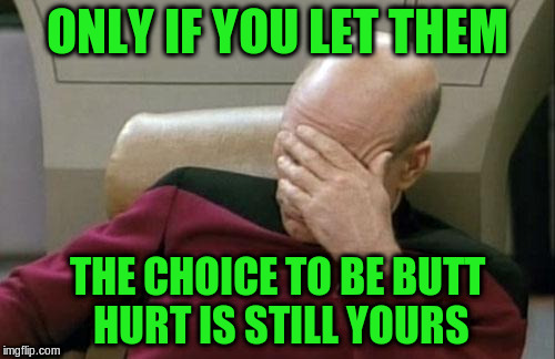 Captain Picard Facepalm Meme | ONLY IF YOU LET THEM THE CHOICE TO BE BUTT HURT IS STILL YOURS | image tagged in memes,captain picard facepalm | made w/ Imgflip meme maker