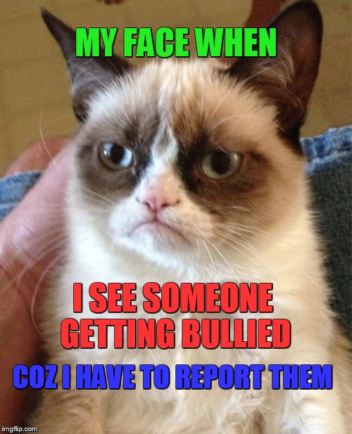 Grumpy Cat | MY FACE WHEN; I SEE SOMEONE GETTING BULLIED; COZ I HAVE TO REPORT THEM | image tagged in memes,grumpy cat | made w/ Imgflip meme maker