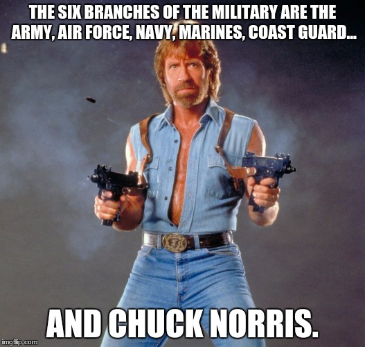 But he's on vacation, if he wasn't then all of our enemies would die instantly | THE SIX BRANCHES OF THE MILITARY ARE THE ARMY, AIR FORCE, NAVY, MARINES, COAST GUARD... AND CHUCK NORRIS. | image tagged in memes,chuck norris guns,chuck norris | made w/ Imgflip meme maker