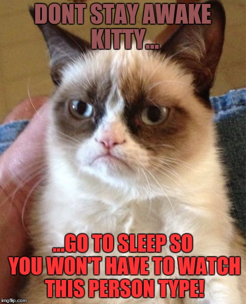 Grumpy Cat Meme | DONT STAY AWAKE KITTY... ...GO TO SLEEP SO YOU WON'T HAVE TO WATCH THIS PERSON TYPE! | image tagged in memes,grumpy cat | made w/ Imgflip meme maker