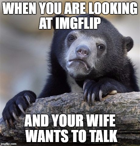 Confession Bear Meme | WHEN YOU ARE LOOKING AT IMGFLIP; AND YOUR WIFE WANTS TO TALK | image tagged in memes,confession bear | made w/ Imgflip meme maker