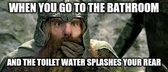 gimli bathroom
 | WHEN YOU GO TO THE BATHROOM; AND THE TOILET WATER SPLASHES YOUR REAR | image tagged in gimli,lord of the rings,bathroom,toilet water | made w/ Imgflip meme maker