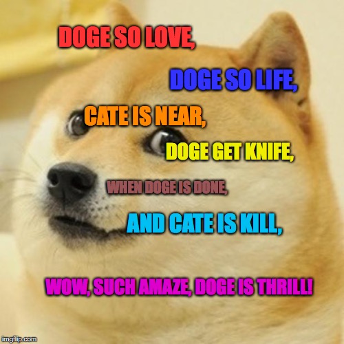 Doge Meme | DOGE SO LOVE, DOGE SO LIFE, CATE IS NEAR, DOGE GET KNIFE, WHEN DOGE IS DONE, AND CATE IS KILL, WOW, SUCH AMAZE, DOGE IS THRILL! | image tagged in memes,doge | made w/ Imgflip meme maker