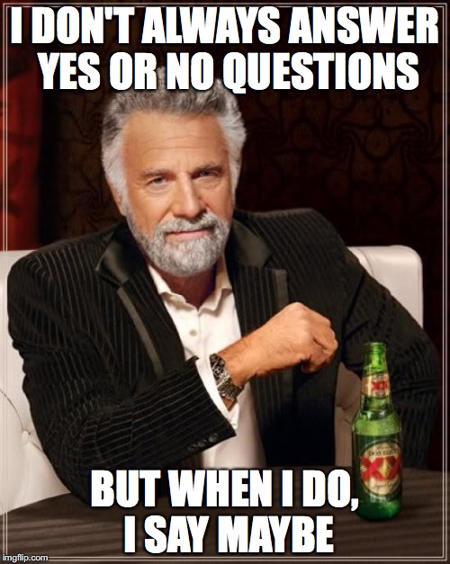 The Most Interesting Man In The World | I DON'T ALWAYS ANSWER YES OR NO QUESTIONS; BUT WHEN I DO, I SAY MAYBE | image tagged in memes,the most interesting man in the world | made w/ Imgflip meme maker