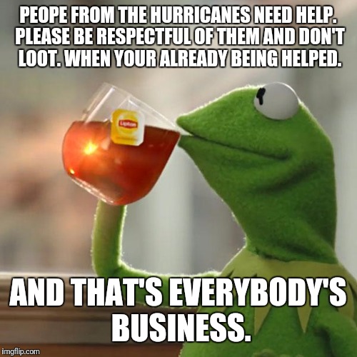 But That's None Of My Business Meme | PEOPE FROM THE HURRICANES NEED HELP. PLEASE BE RESPECTFUL OF THEM AND DON'T LOOT. WHEN YOUR ALREADY BEING HELPED. AND THAT'S EVERYBODY'S BUSINESS. | image tagged in memes,but thats none of my business,kermit the frog | made w/ Imgflip meme maker