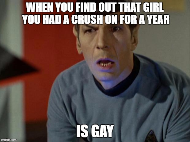 Well then... | WHEN YOU FIND OUT THAT GIRL YOU HAD A CRUSH ON FOR A YEAR; IS GAY | image tagged in shocked spock,well this is awkward,funny,memes | made w/ Imgflip meme maker