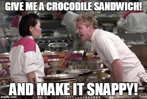 Angry Chef Gordon Ramsay Meme | GIVE ME A CROCODILE SANDWICH! AND MAKE IT SNAPPY! | image tagged in memes,angry chef gordon ramsay | made w/ Imgflip meme maker