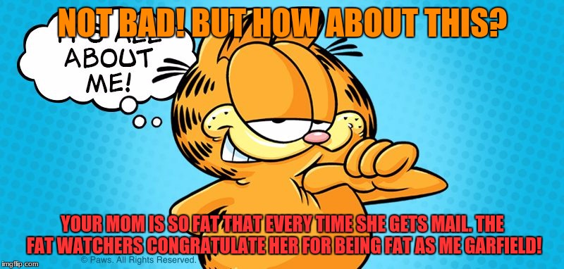 Approving  Garfield | NOT BAD! BUT HOW ABOUT THIS? YOUR MOM IS SO FAT THAT EVERY TIME SHE GETS MAIL. THE FAT WATCHERS CONGRATULATE HER FOR BEING FAT AS ME GARFIEL | image tagged in approving  garfield | made w/ Imgflip meme maker