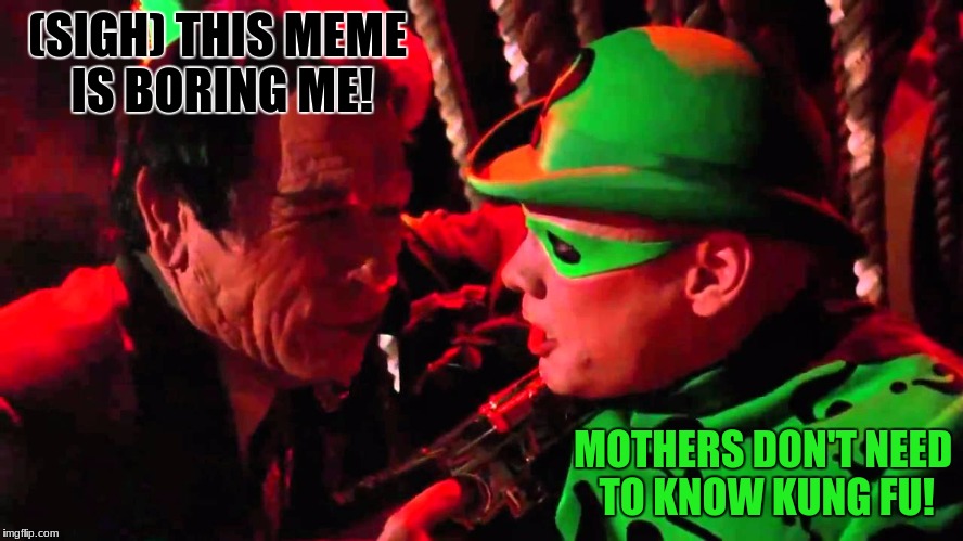 Two face, And Riddler | (SIGH) THIS MEME IS BORING ME! MOTHERS DON'T NEED TO KNOW KUNG FU! | image tagged in two face and riddler | made w/ Imgflip meme maker