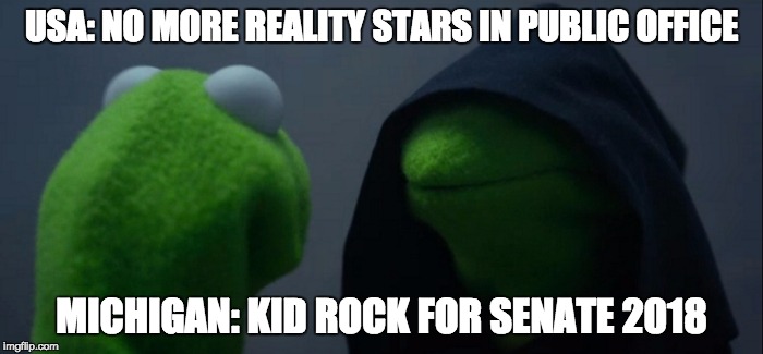 Evil Kermit Meme | USA: NO MORE REALITY STARS IN PUBLIC OFFICE; MICHIGAN: KID ROCK FOR SENATE 2018 | image tagged in evil kermit | made w/ Imgflip meme maker