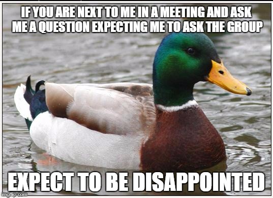 Actual Advice Mallard | IF YOU ARE NEXT TO ME IN A MEETING AND ASK ME A QUESTION EXPECTING ME TO ASK THE GROUP; EXPECT TO BE DISAPPOINTED | image tagged in memes,actual advice mallard,AdviceAnimals | made w/ Imgflip meme maker