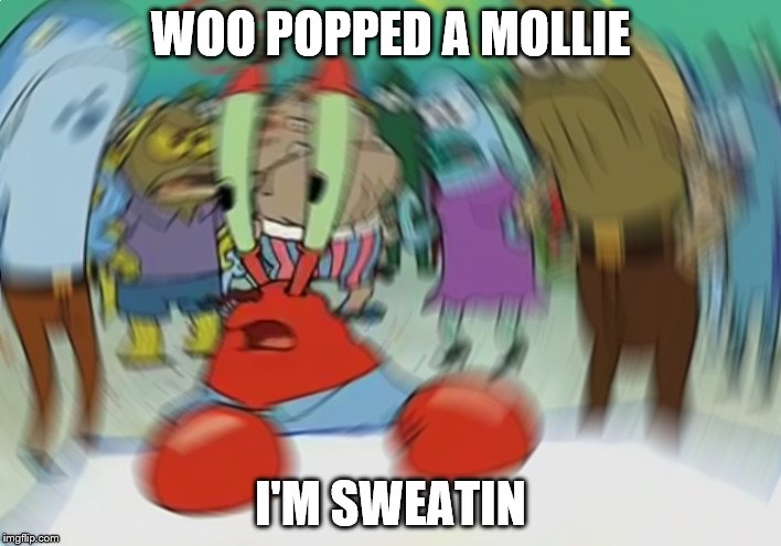 Mr Krabs Blur Meme | WOO POPPED A MOLLIE; I'M SWEATIN | image tagged in memes,mr krabs blur meme | made w/ Imgflip meme maker