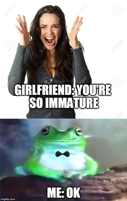 When you meme 24/7 | GIRLFRIEND: YOU'RE SO IMMATURE; ME: OK | image tagged in first meme problems,first world problems,frog,girlfriend,funny,cute | made w/ Imgflip meme maker