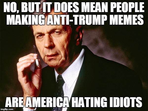Cigarette Smoking Man | NO, BUT IT DOES MEAN PEOPLE MAKING ANTI-TRUMP MEMES ARE AMERICA HATING IDIOTS | image tagged in cigarette smoking man | made w/ Imgflip meme maker