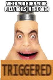 WHEN YOU BURN YOUR PIZZA ROLLS IN THE OVEN | image tagged in memes,mr bean face,triggered | made w/ Imgflip meme maker