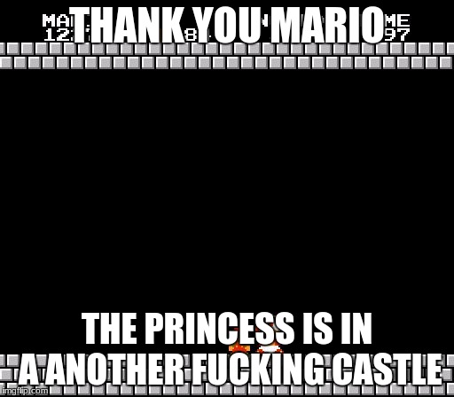 Thank You Mario | THANK YOU MARIO; THE PRINCESS IS IN A ANOTHER FUCKING CASTLE | image tagged in thank you mario | made w/ Imgflip meme maker