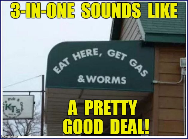 A GOOD  DEAL | 3-IN-ONE  SOUNDS  LIKE; A  PRETTY  GOOD  DEAL! | image tagged in funny | made w/ Imgflip meme maker