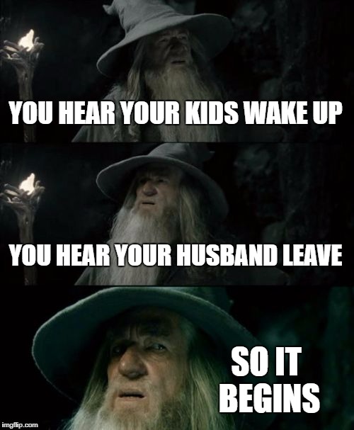 Confused Gandalf | YOU HEAR YOUR KIDS WAKE UP; YOU HEAR YOUR HUSBAND LEAVE; SO IT BEGINS | image tagged in memes,confused gandalf | made w/ Imgflip meme maker