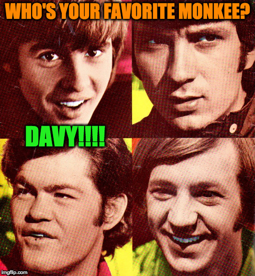 Who's Your Favorite Monkee? | WHO'S YOUR FAVORITE MONKEE? DAVY!!!! | image tagged in the monkees,band,group,davy jones,favorite | made w/ Imgflip meme maker