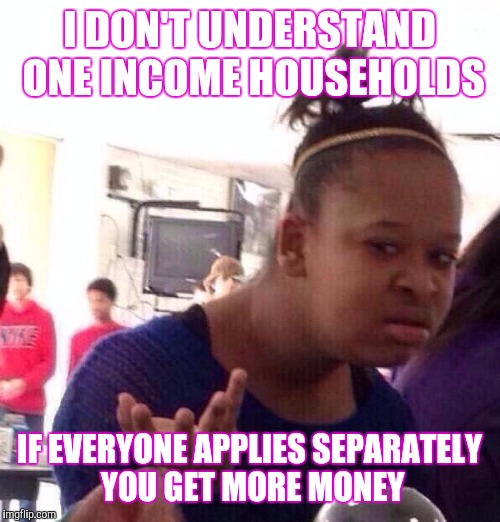 How does your family get by on one income | I DON'T UNDERSTAND ONE INCOME HOUSEHOLDS; IF EVERYONE APPLIES SEPARATELY YOU GET MORE MONEY | image tagged in memes,black girl wat | made w/ Imgflip meme maker
